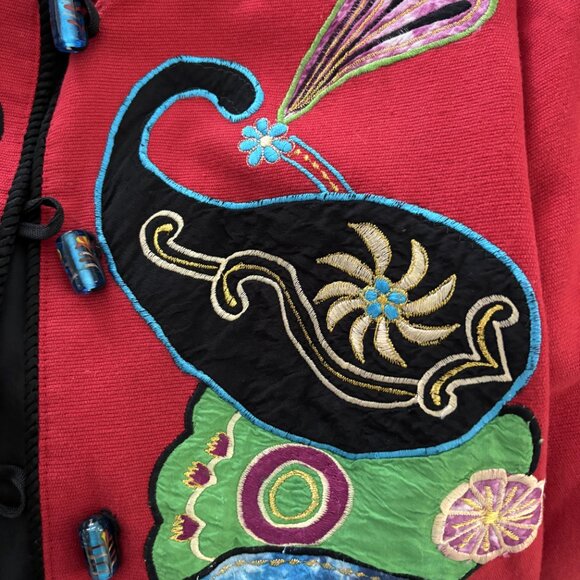 Stunning RED Embroidered & Applique Art Jacket - SIZE M - FREE SHIPPING! - Picture 5 of 10